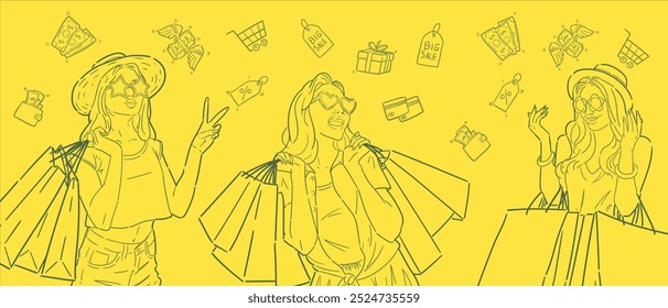 Banner background for sales promotion with line out illustration of a woman carrying a bag or shopping, for advertising, banners, leaflets and flyers. vector.