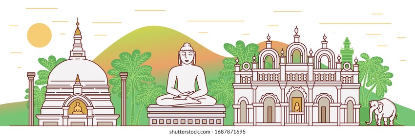 Banner background with Sri Lanka famous landmarks and Buddha statue, sketch cartoon vector illustration on white background. Traveling and tourism to Asia topic.