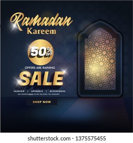Banner and background template for social media promotion. Super Offer, Offer, Sale or Discount etc. on the occasion of Muslim's Holy Month Ramadan Kareem