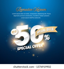 Banner and background template for social media promotion. Super Offer, Offer, Sale or Discount etc. on the occasion of Muslim's Holy Month Ramadan Kareem