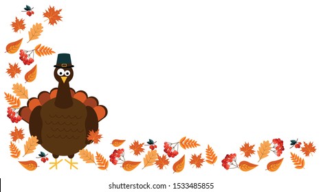 Banner, background, template for Thanksgiving, with a picture of a Turkey in autumn leaves