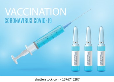 Banner background template for vaccination Coronavirus Covid-19 campaign, realistic vector illustration. Medical syringe and ampoules with vaccine on blue backdrop.