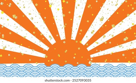 Banner background  with transparent background of gold leaf confetti with orange first sunrise and blue sea waves
