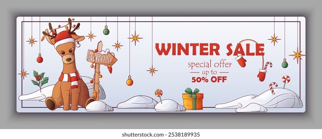 Banner background with vector christmas composition with deer in snow. For winter promo sale banner and flyer decoration. Card, special offer, discount, flyer template. Christmas and New Year concept.