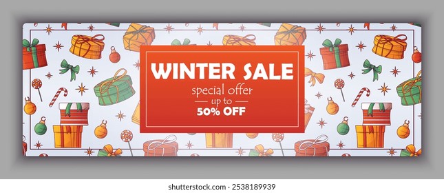 Banner background with vector christmas pattern with gifts boxes. Winter promo sale banner. For card, special offer, discount, flyer template. Christmas and New Year concept.