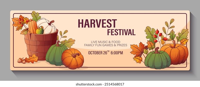 Banner background with vector illustration of pumpkins in a wooden bucket. Autumn harvest and leaves. For promo banner and flyer decoration. Warm fall, harvest, thanksgiving day concept. 