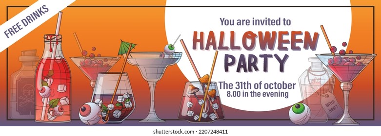 Banner background with vector illustration of scary cocktails, poison bottle, eyeball. Halloween invitation template, poster design, greeting card and flyer decoration. Goblet, glass bottle.