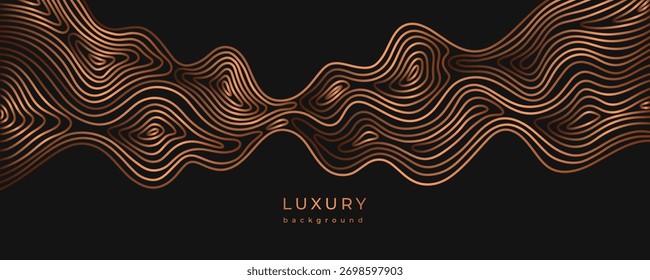 Plano de fundo de banner com linhas onduladas de cobre. Bronze fluindo líquido linear. Textura de luxo. Padrão curvo. Superfície geométrica espiralada dinâmica abstrata