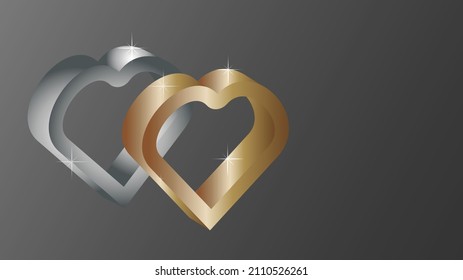 Fondo de banner o encabezado de sitio web con corazones 3d dorados y plateados. Símbolo romántico de San Valentín.  Oferta romántica de invitación o promoción de venta. Colocar el texto. EPS10 vectores