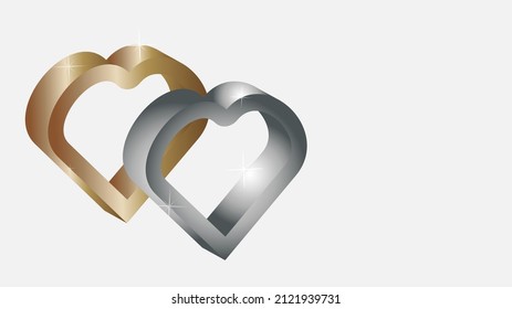 Banner background or website header with golden and silver 3d hearts. Valentine's day romance symbol.  Romantic invitation or sale offer promo. Place for text. Vector EPS10