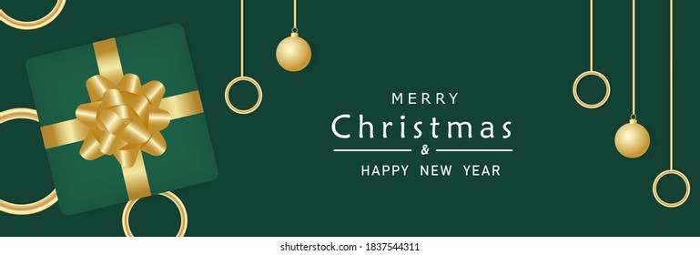 Christmas banner. Background Xmas design of  golden ball with realistic gifts box for winter holiday sale.  Horizontal happy new year poster, greeting cards, headers, website in luxury design. 