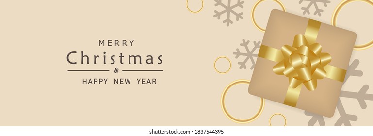  Christmas banner. Background Xmas design of  golden ball with realistic gifts box for winter holiday sale.  Horizontal happy new year poster, greeting cards, headers, website in luxury design. 