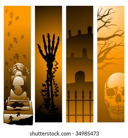 Banner backgrounds for Halloween featuring vector tombstones and bones