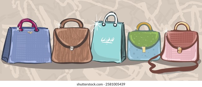 Banner with bags and purse with sparkles. Vector, hand draw, isolated. Abstract, fun and simple with textures.