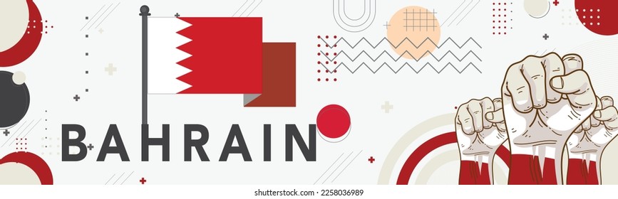Banner Bahrain national day with Bahraini flag colors theme background and geometric abstract retro modern red white design. Raised fists of patriot supporters. Triangles Vector Illustration