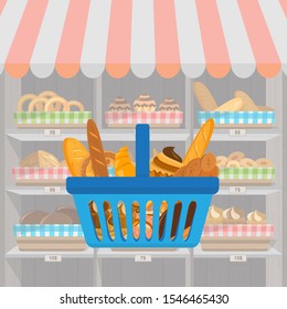 Banner with bakery products in shopping basket. Wheat, rye and whole grain bread. Pretzel and bagel, ciabatta and muffin, croissant and French baguette, long loaf and toasts. Vector illustration.