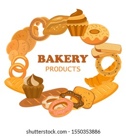 Banner with bakery products. Wheat, rye and whole grain bread. Pretzel and bagel, ciabatta and muffin, croissant and French baguette, long loaf and toasts. Vector illustration.