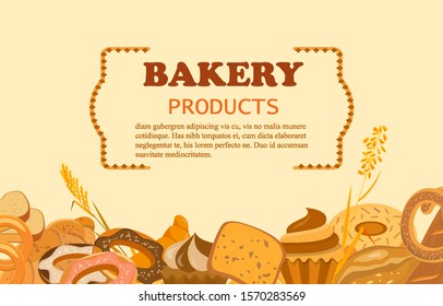 Banner with bakery products. Wheat, rye and whole grain bread. Pretzel and bagel, ciabatta and muffin, croissant and French baguette, long loaf and toasts. Vector illustration.