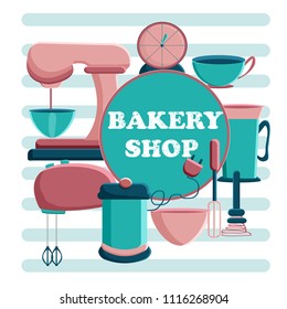 Banner for the bakery shop. Tools for pastry maker. Vector illustration.