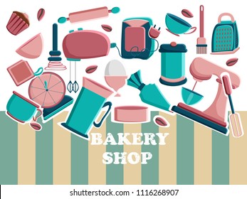 Banner for the bakery shop. Tools for pastry maker. Vector illustration.