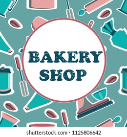 Banner for the bakery shop. Tools for pastry maker. Vector illustration. Seamless background.