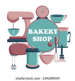 Banner for the bakery shop. Tools for pastry maker. Vector illustration.