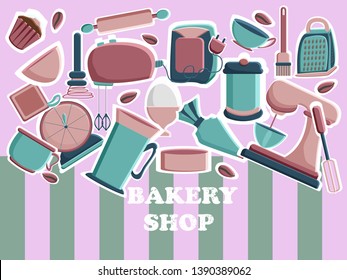 Banner for the bakery shop. Tools for pastry maker. Vector illustration.
