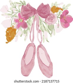 Banner for ballet studio. Hand drawn illustration of ballet shoes. shoes ballerina poster with rose pink watercolor illustration. Cute ballerina on white background. Vector illustration.