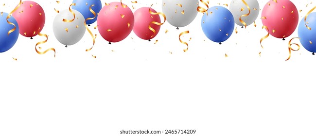 Banner with balloon and confetti for holiday, party, birthday, festival, school vector illustration