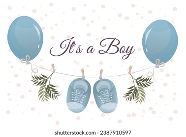 Banner with balloons in blue color, it's a boy phrase, baby shower party concept, gender reveal party concept, flat vector illustration