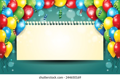 Banner with balloons and confetti sheet where you enter your text-With sheet where you can enter your own text-Transparency blending effects and gradient mesh-EPS 10