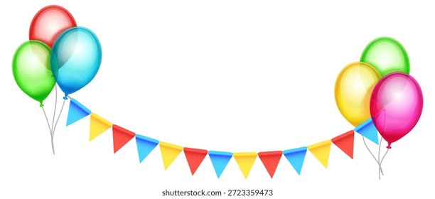 A banner with balloons and flags hanging from it