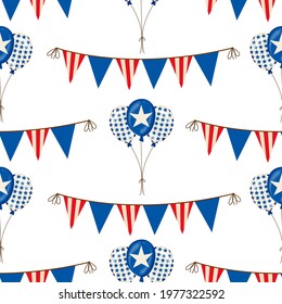 Banner, balloons, hearts, bunting Or Flags In Red White And Blue Patriotic Colors seamless pattern.