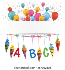 Banner with balloons, letters, numbers and candy cones on the white. Eps 10 vector file.