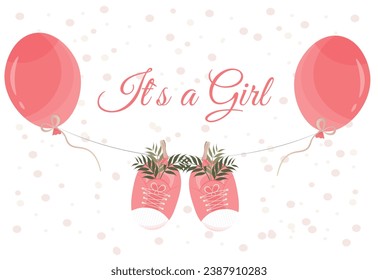 Banner with balloons in pink color, it's a 's a girl phrase, baby shower party concept, gender reveal party concept, flat vector illustration