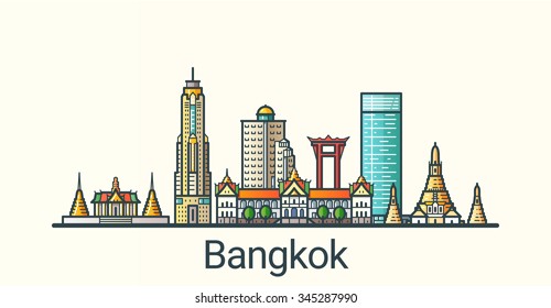 Banner of Bangkok city in flat line trendy style. All buildings separated and customizible. Line art.