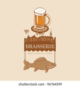 banner for bar with glass of beer and fish