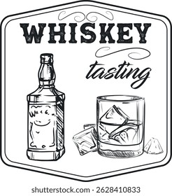 Banner for bar, menu, bottle of whiskey and glass of scotch with ice, strong alcohol drink. Design in the style of line art brush, marker, sketch, rum, brands