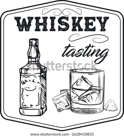 Banner for bar, menu, bottle of whiskey and glass of scotch with ice, strong alcohol drink. Design in the style of line art brush, marker, sketch, rum, brands
