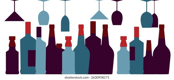 Banner for bar, restaurant, sommelier, wine list, alcohol collection. Vector flat design of wine bottle, glasses, drink party