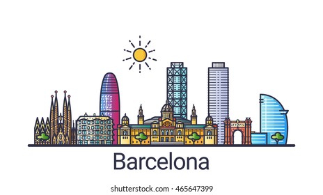 Bandeira do horizonte da cidade de Barcelona em linha plana estilo moderno. Arte da linha da cidade de Barcelona. Todos os edifícios separados e personalizáveis.