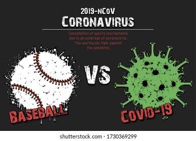 Banner Baseball vs covid-19 aus Blots. Baseballball gegen Coronavirus-Zeichen. Stornierung von Sportturnieren. Musterdesign. Der weltweite Kampf gegen die Pandemie. Vektor-Abbildung