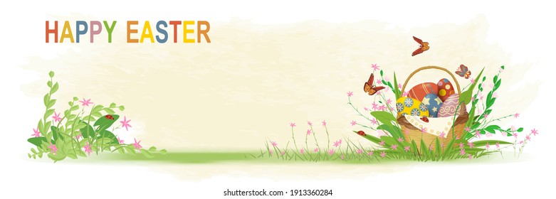 Banner with a basket of Easter eggs on the grass with spring flowers. The inscription in colorful letters Happy Easter. Design on a watercolor background. Vector illustration in vintage style.