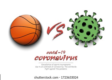 Banner basketball against coronavirus. Basketball ball vs covid-19. Cancellation of sports tournaments due to an outbreak of coronavirus. The worldwide fight against the pandemic. Vector illustration