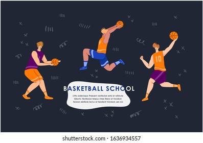 Banner - basketball players with balls and copy space or text place, muscular athletic men in sport uniform, basketball team train game, banner or landing page for website, app, flat people - vector