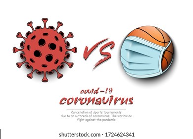 Banner basketball vs covid-19. Basketball ball with a protection mask against coronavirus sign. Cancellation of sports tournaments. The worldwide fight against the pandemic. Vector illustration