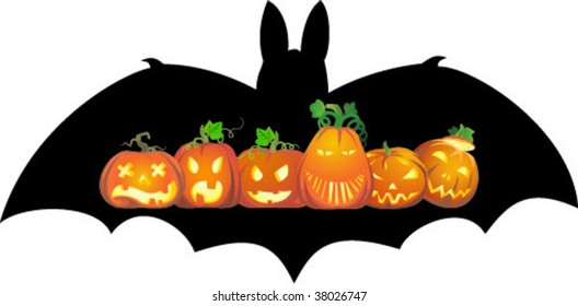 banner with bat shape and six halloween pumpkins