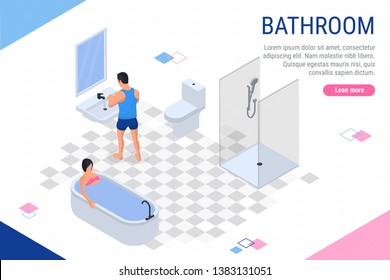 Banner bathroom. Flat isometric images of people in the bath. A man brushing his teeth, a woman taking a bath. Can be used for infographics, web banners