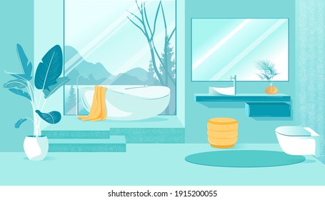 Interior en el cuarto de baño con vistas a la montaña. Hermoso Baño con Ventanilla Panorámica con Vistas a Montañas, Lago y Árboles. Cuarto de baño en Window, al lado de Washington. Ilustración vectorial.