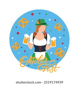 Banner with Bavarian girl with beer on blue background. Autumn German Festival poster. Modern Flat design with lettering and copy space